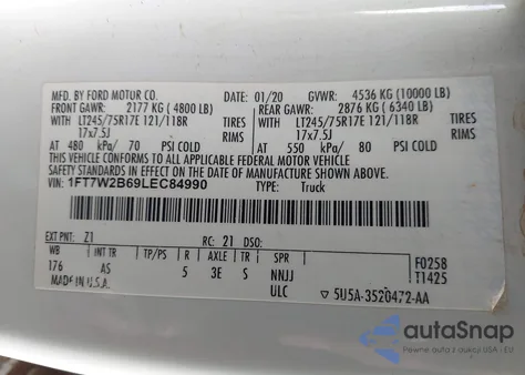 2020 Ford F-250 Xl from USA, damaged, VIN 1FT7W2B69LEC84990